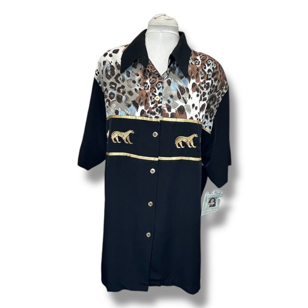 Delta Burke Women’s SS Button Down Shirt VTG 80s/90s Embroidered Animal Black 3X